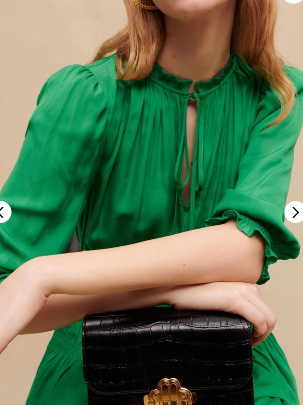 Maje Emerald Green Tiered Ruffle Mini Dress with Tie Neck